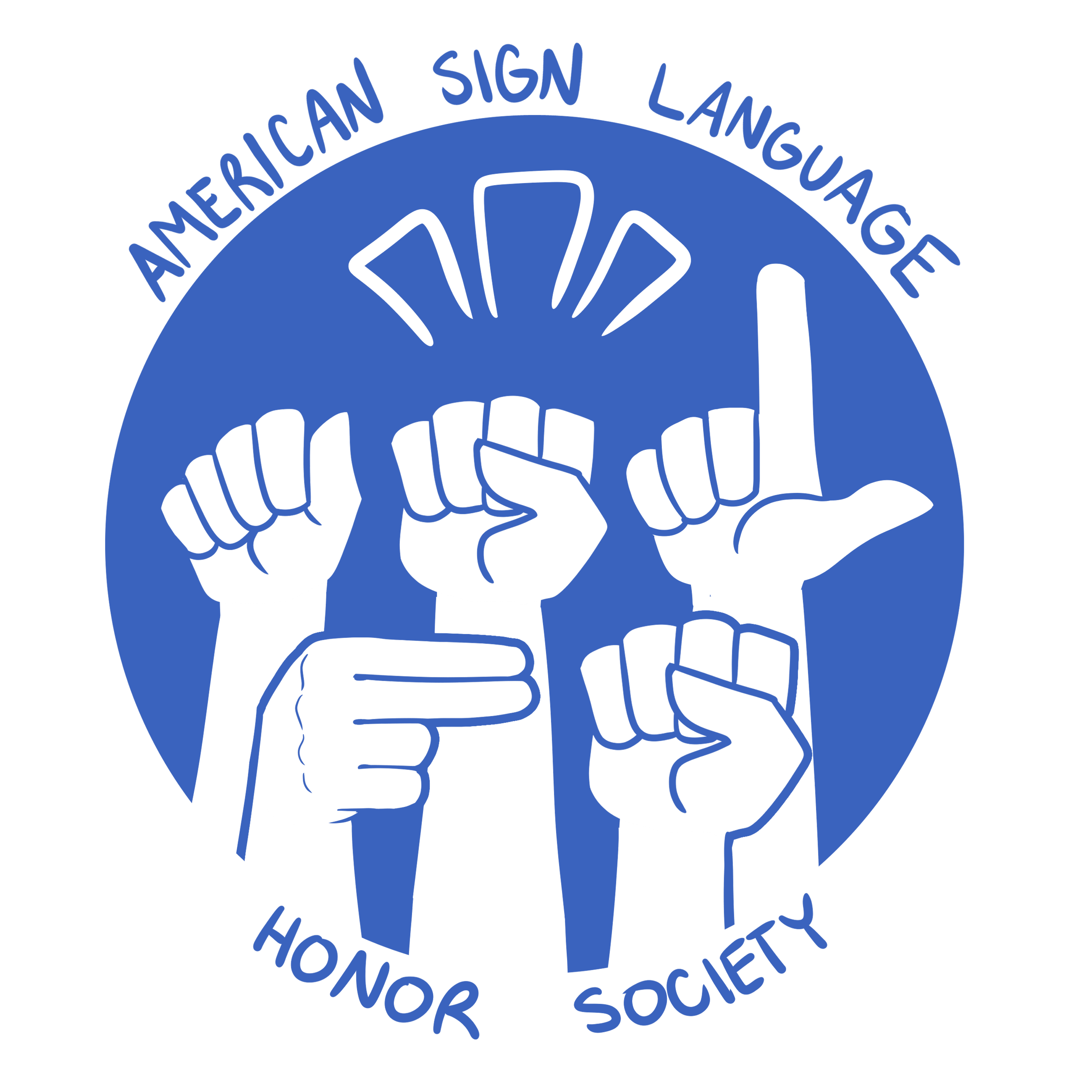 ASL Honor Society logo, blue circle with fingerspelling handshapes spelled out "ASLHS" with text around the circle "American Sign Language Honor Society"